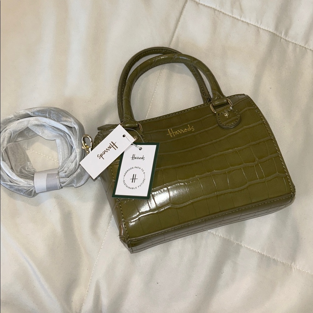 Harrods Mini Barrel Olive Croc-Embossed Bag